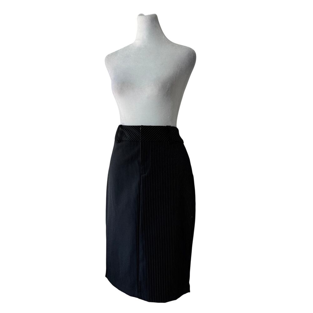 Vintage ‘90s Dollhouse Black Pinstripe Knee Length Pencil Skirt w/ Back Slit
